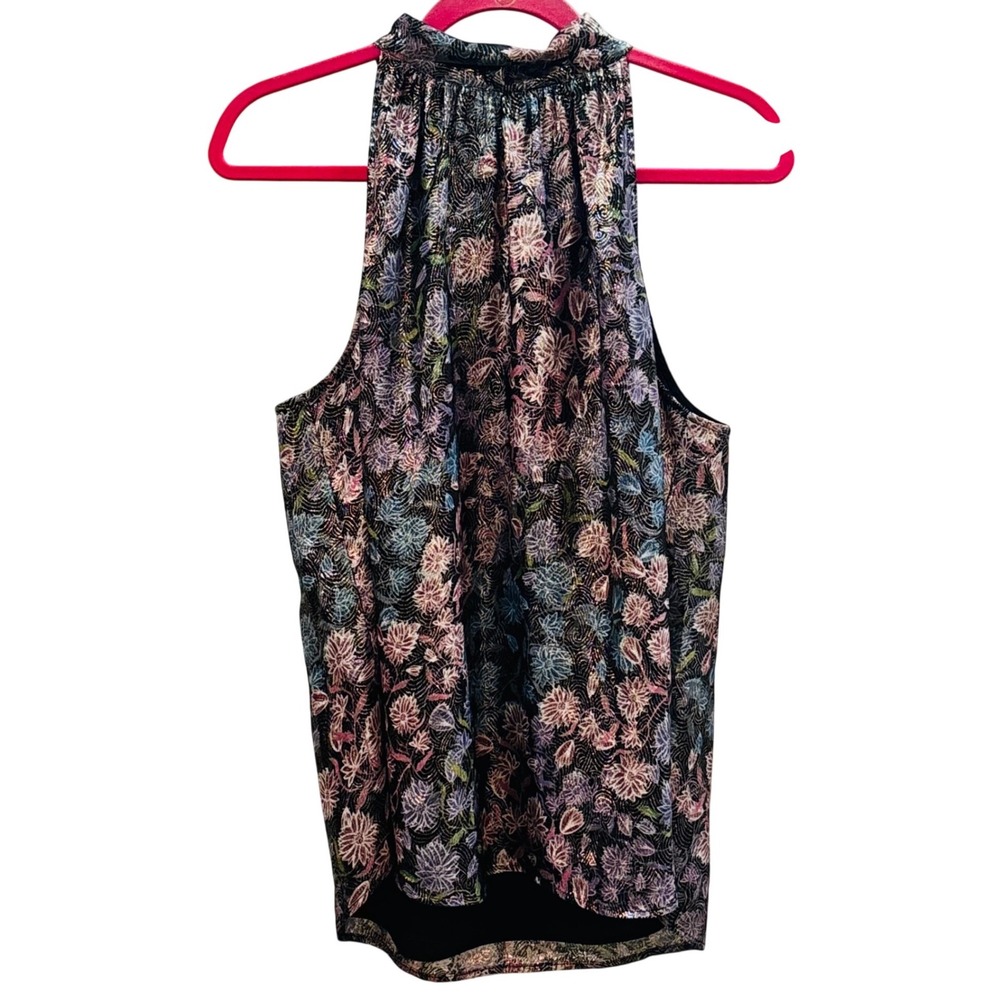 J Crew Collection Womens Large Silk Metallic Floral Halter Bow Back Top Black